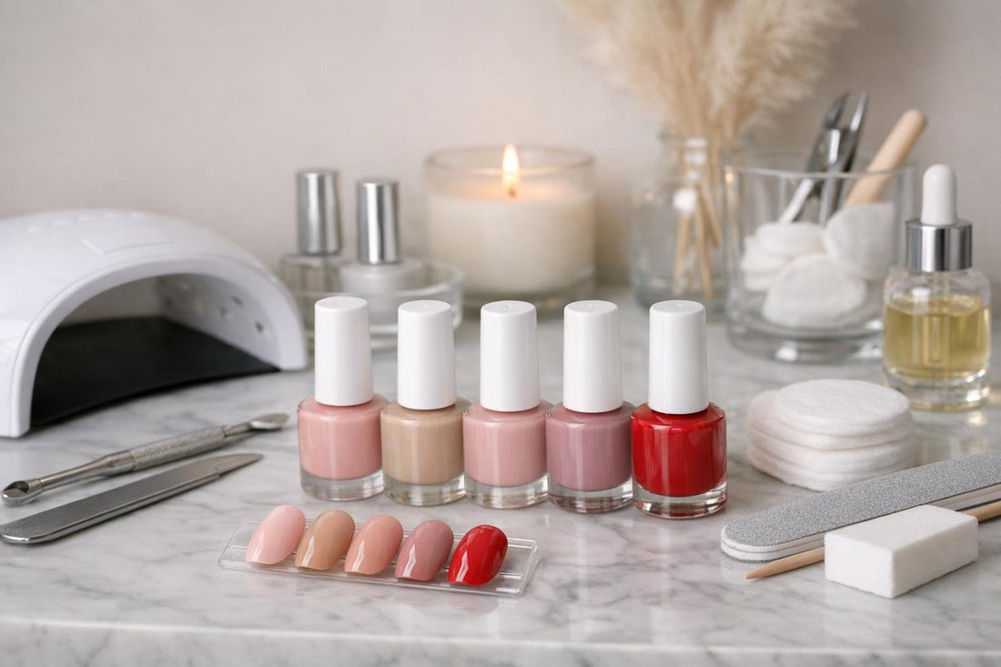 Beginner gel nail polish shades arranged for at-home manicures