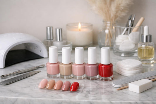 Beginner gel nail polish shades arranged for at-home manicures