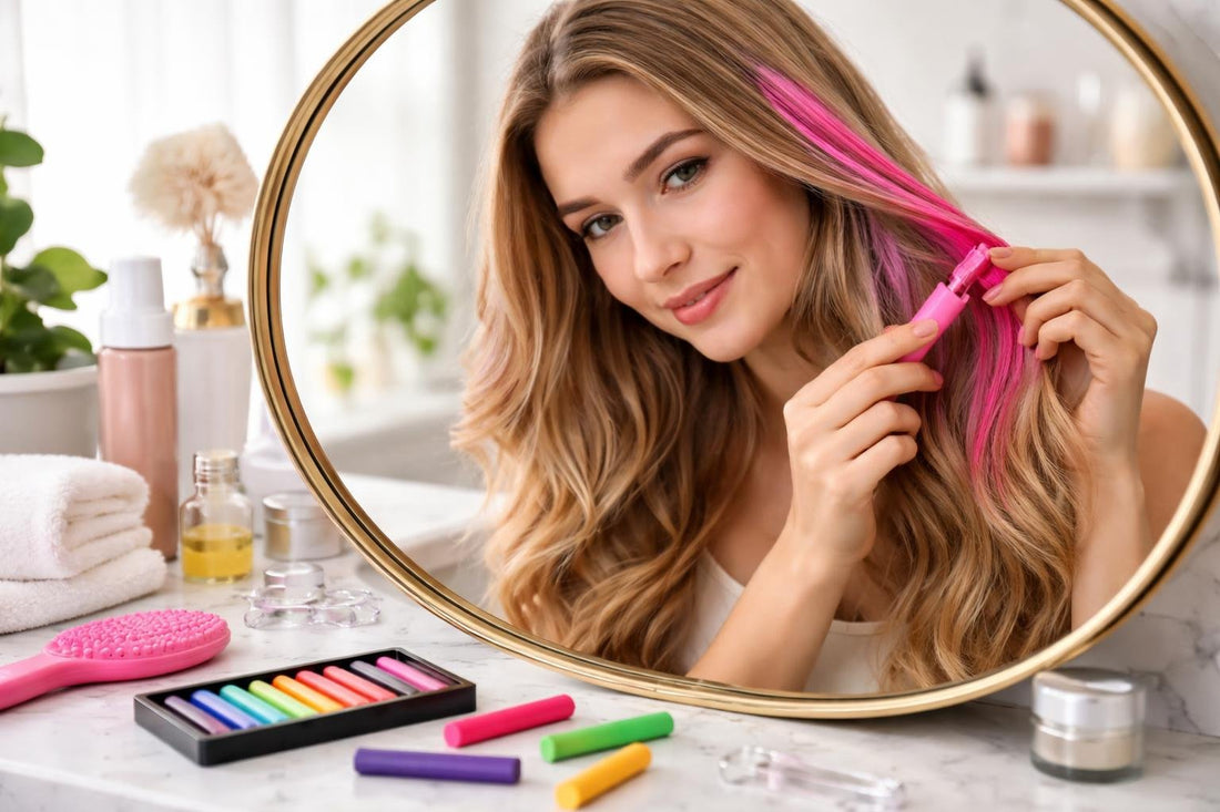 Beginner applying temporary hair chalk colour streaks at home