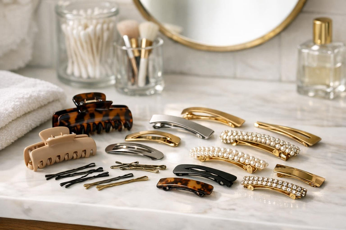 Beginner assortment of hair clips and barrettes on vanity