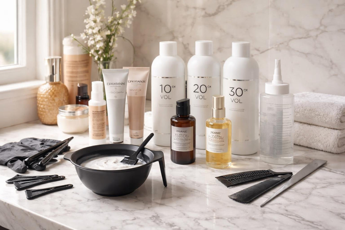 Beginner professional hair colour kit essentials on a counter