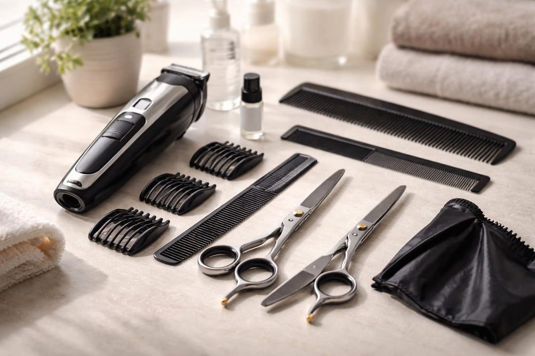 Beginner hair cutting kit with scissors, clippers, combs