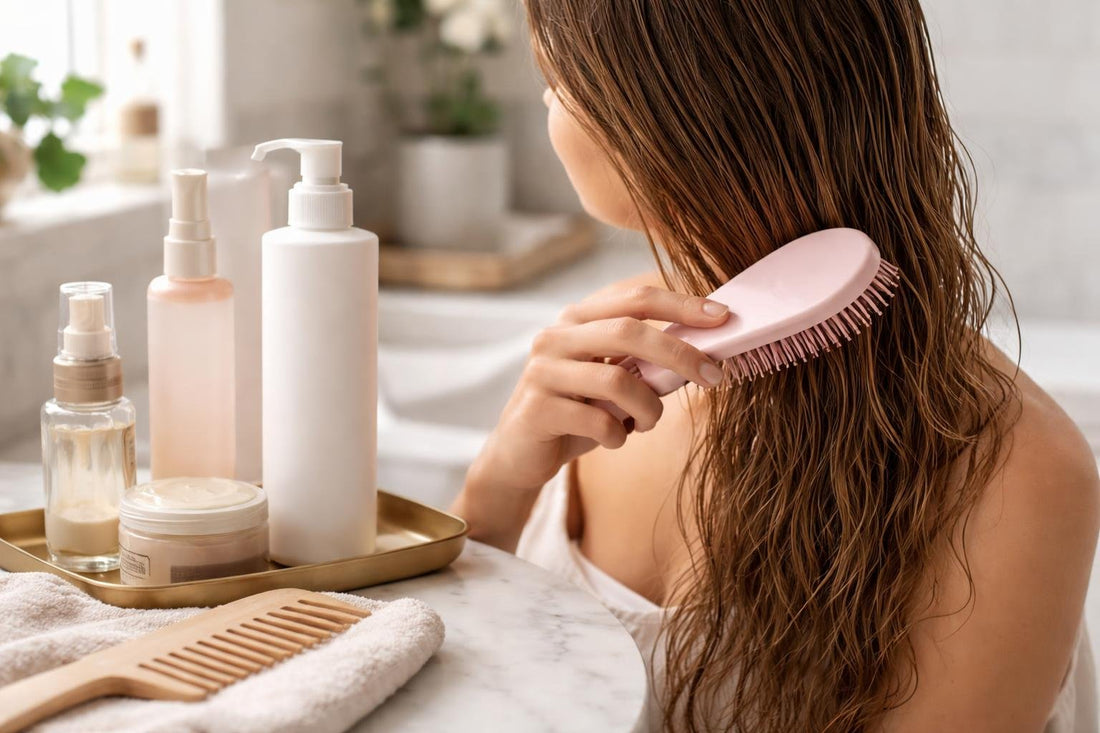 Beginner using a detangling brush on damp hair