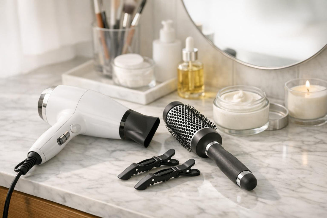 Beginner hair dryer with brush and styling clips