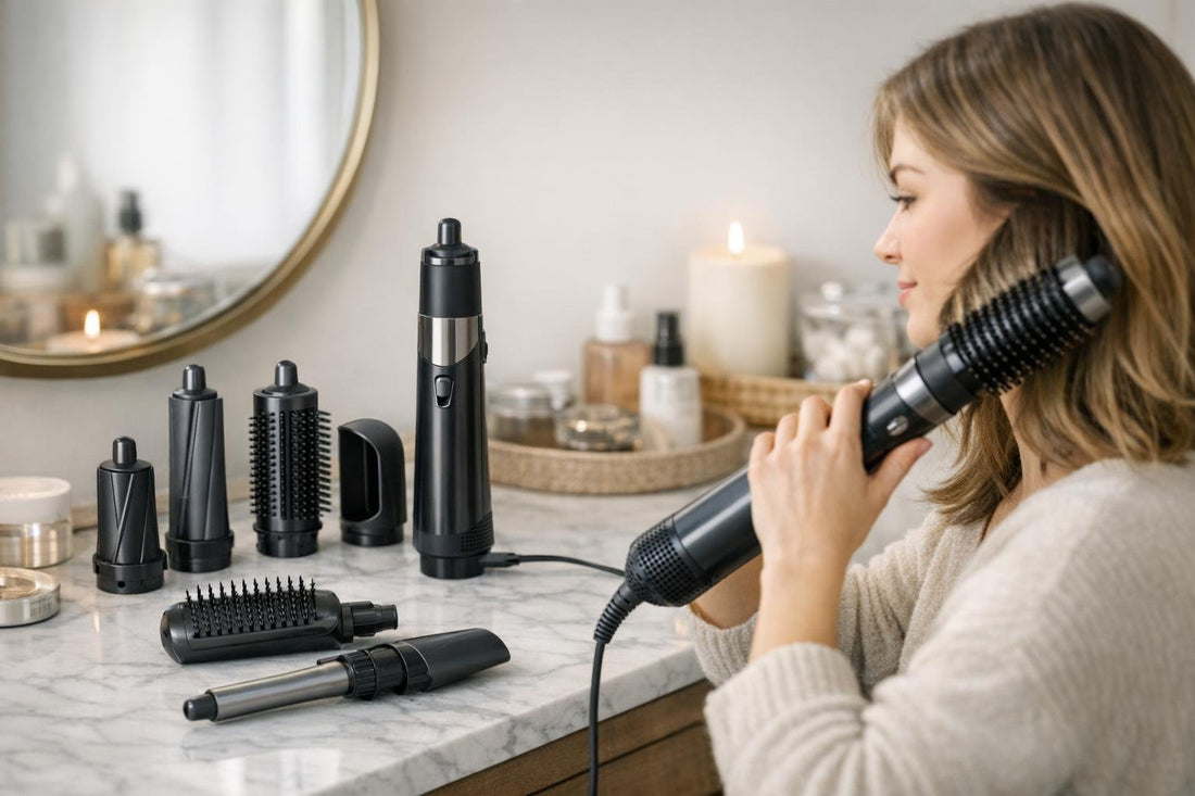Beginner using a hair multi styler for smooth blowout