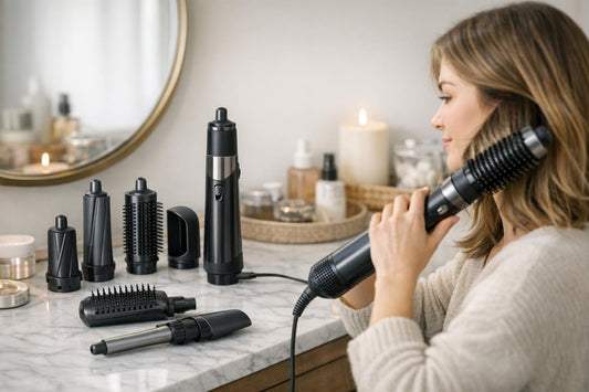 Beginner using a hair multi styler for smooth blowout