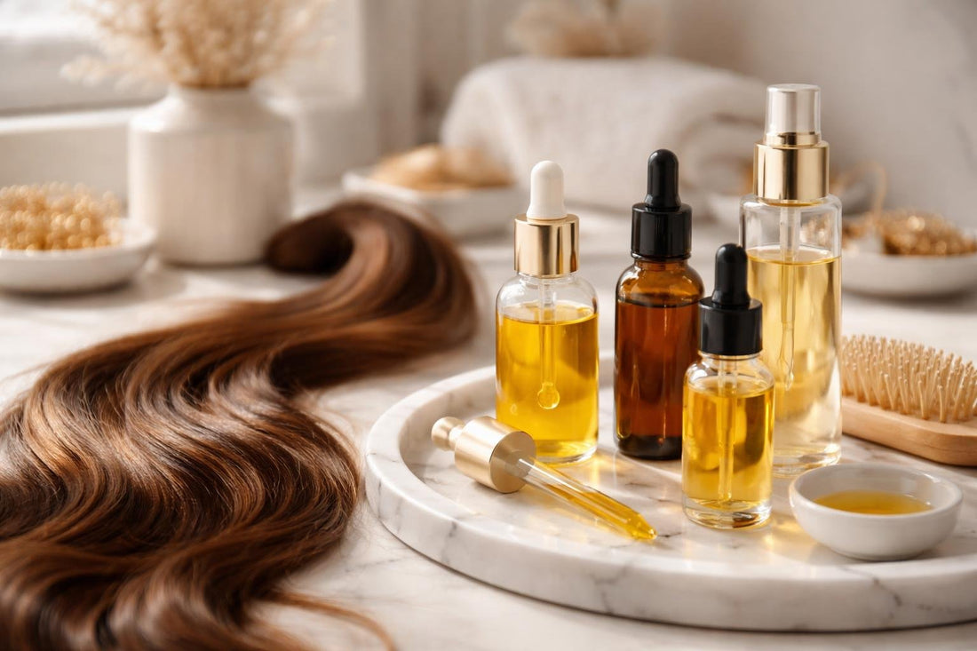 Beginner hair oil routine with dropper and glossy strands
