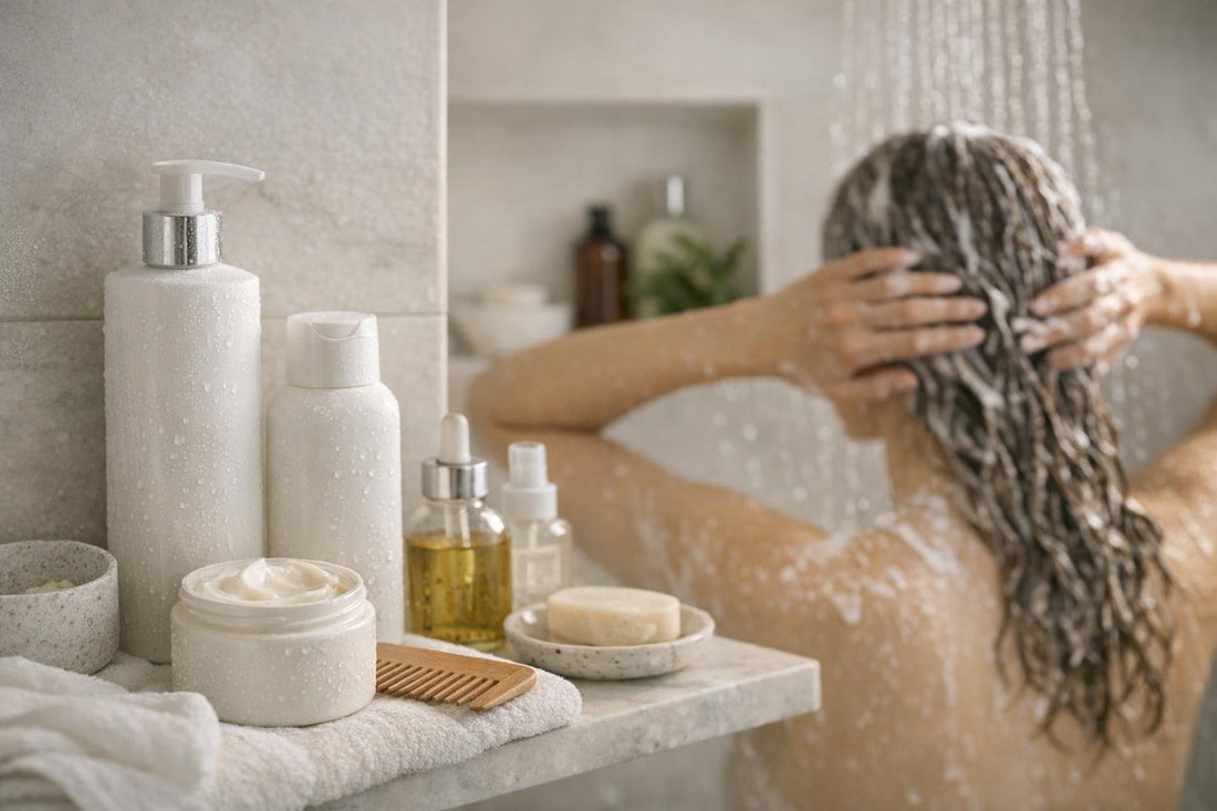 Beginner using hair regrowth conditioner in shower routine