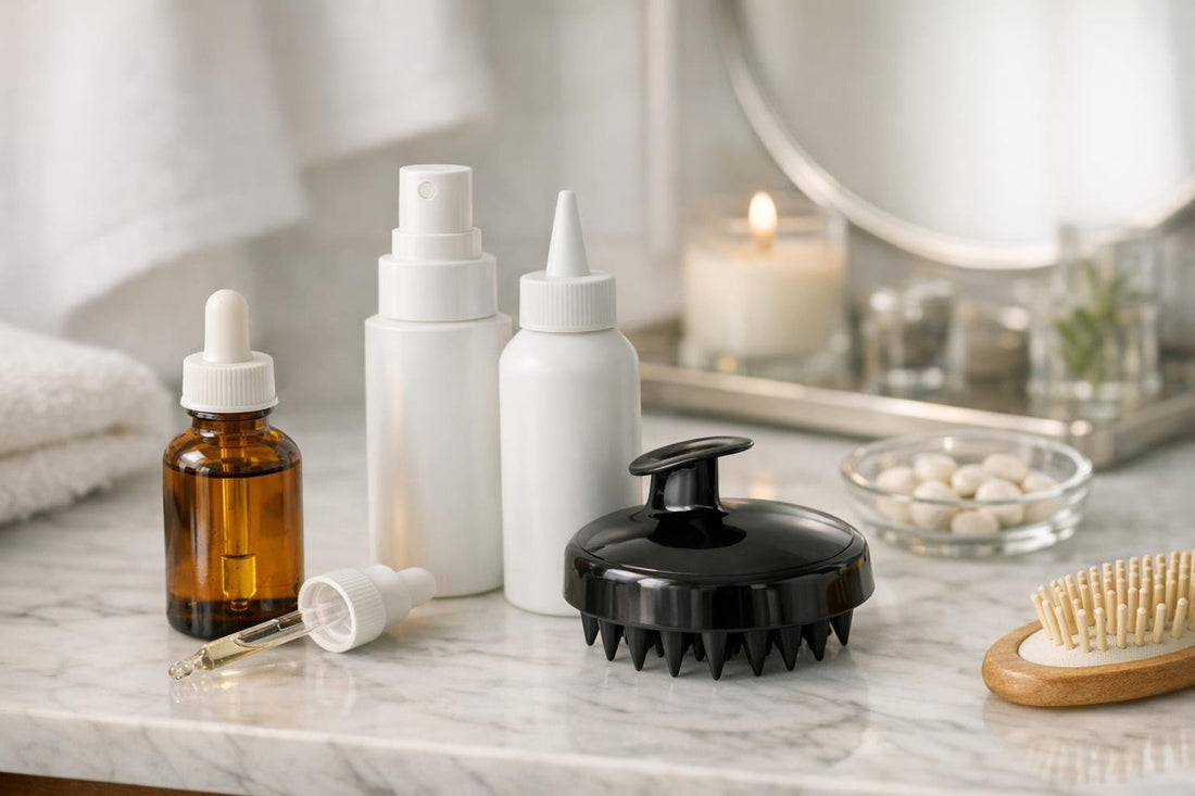 Beginner hair regrowth routine with scalp serum and brush