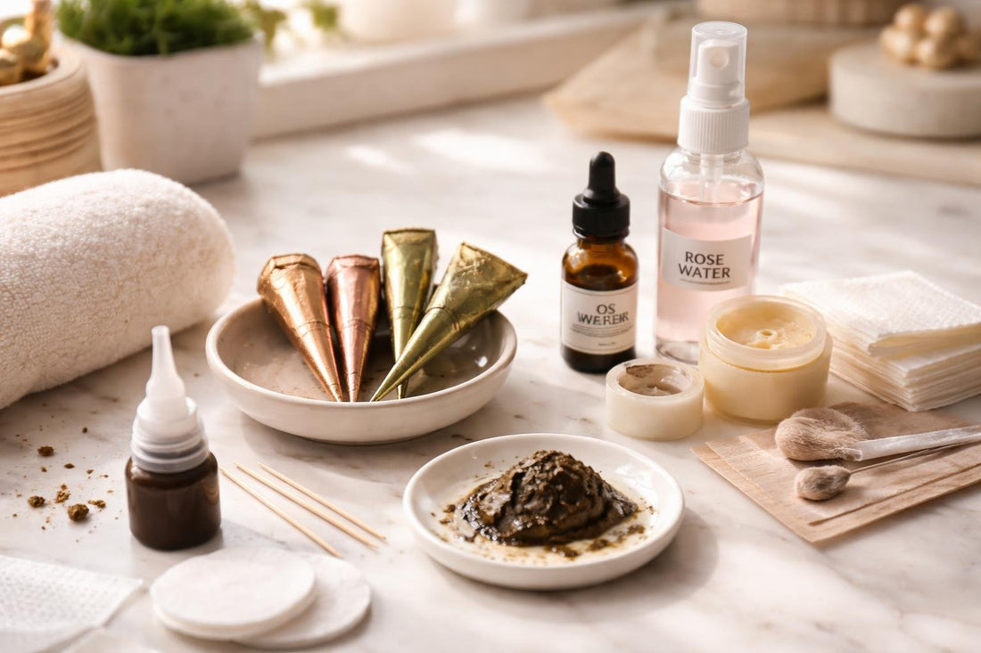 Beginner henna body paint essentials laid out on table