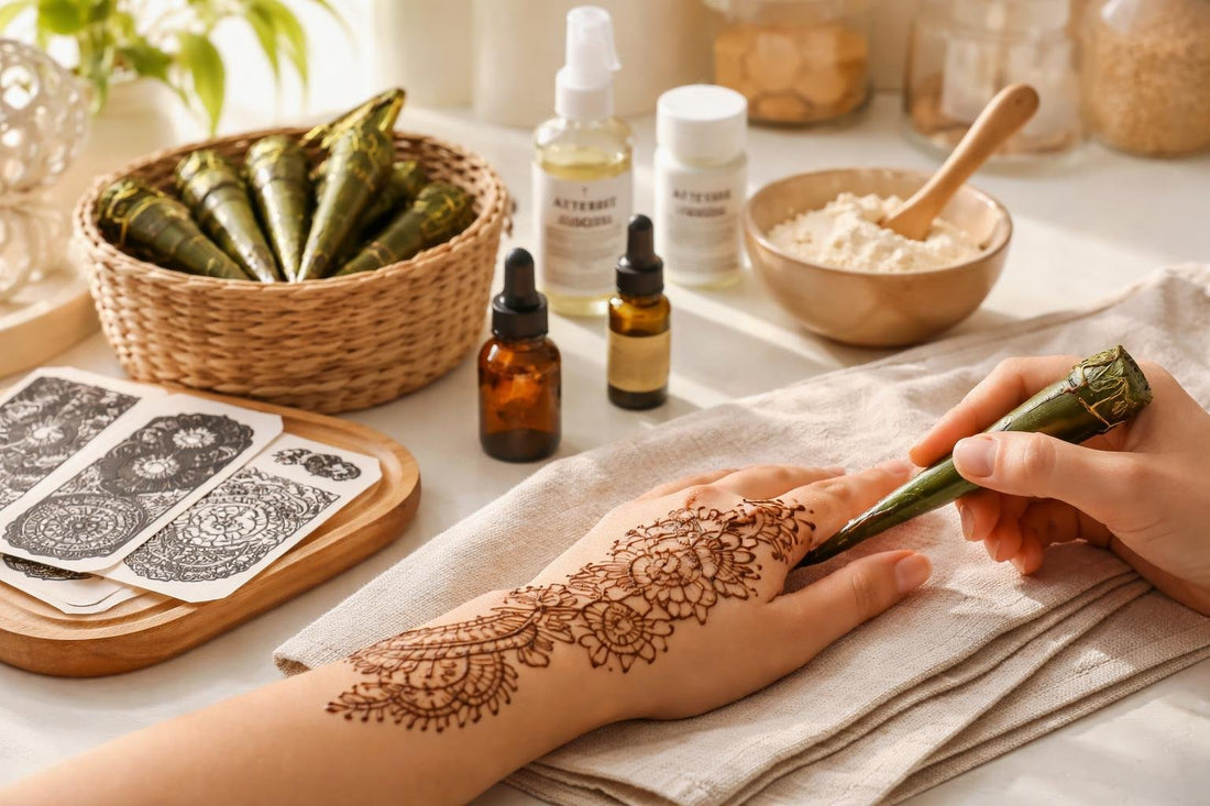 Beginner henna cone applying floral body paint design