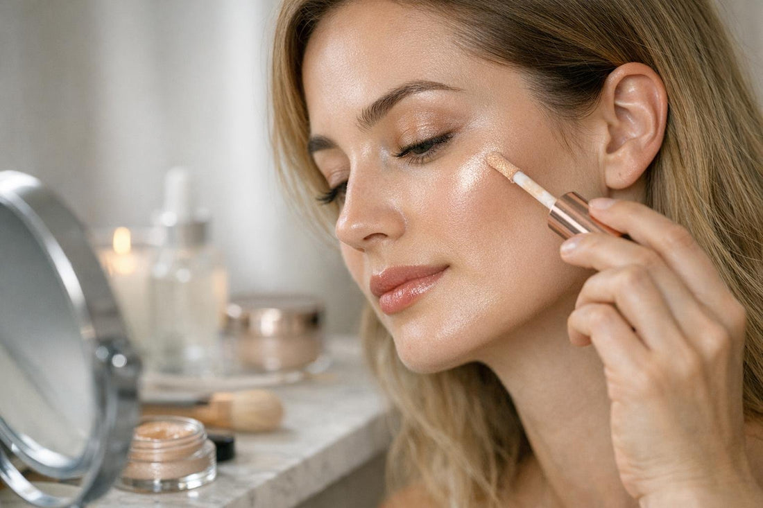 Beginner applying liquid highlighter on cheekbones for glow