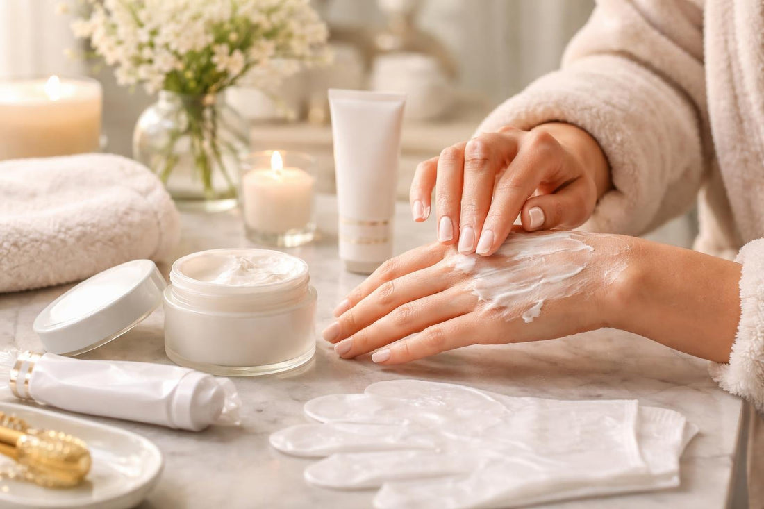 Beginner applying a hydrating hand mask at home