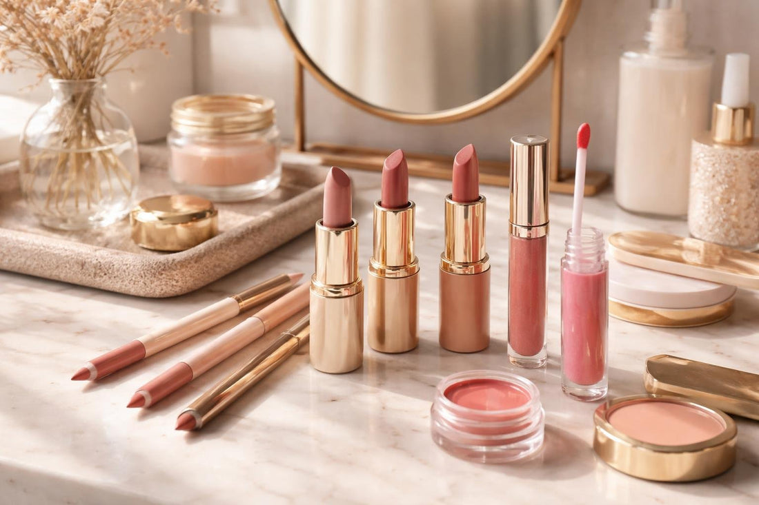 Beginner lip makeup essentials laid out for daily wear