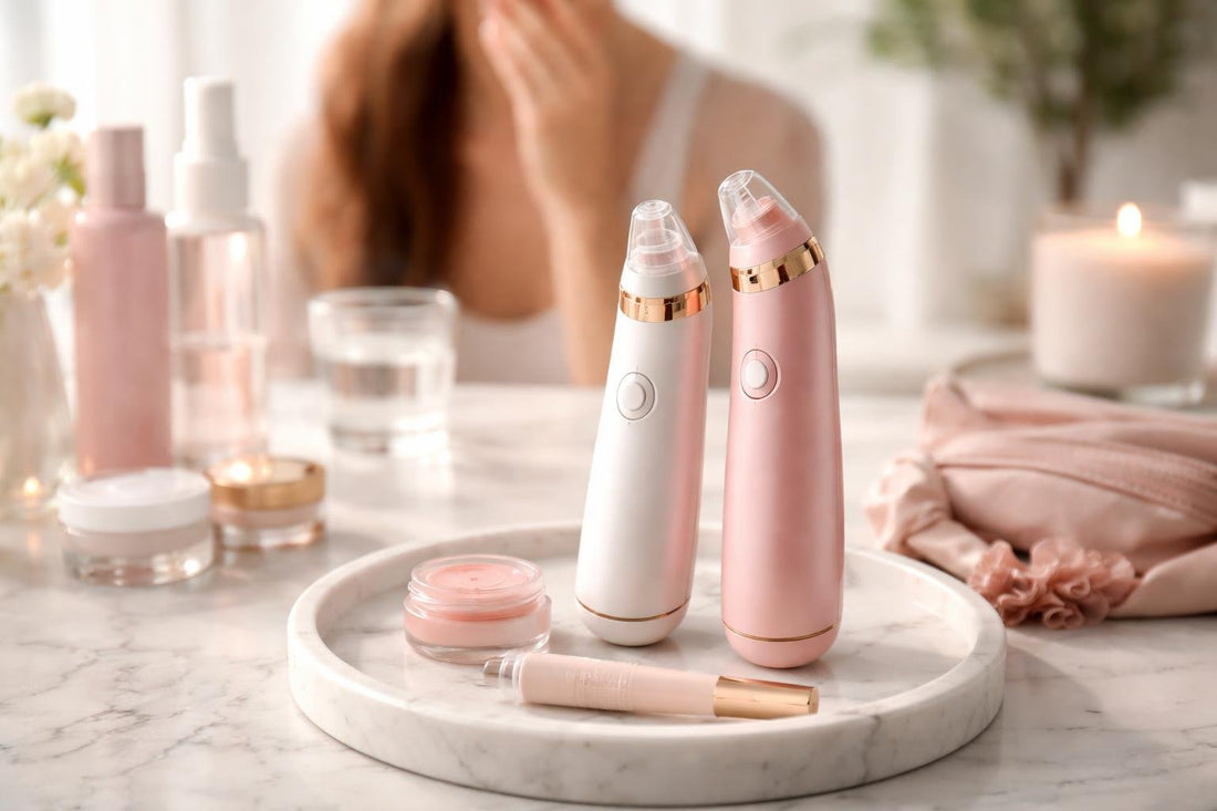 Beginner using gentle lip plumping device at home