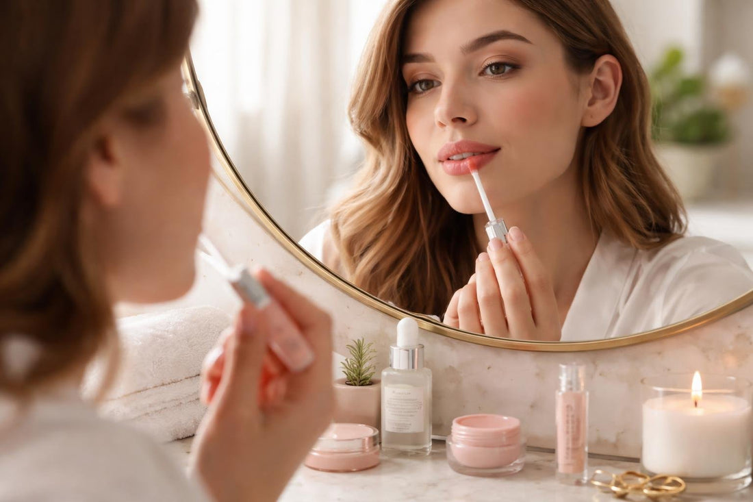 Beginner applying gentle lip plumping gloss in mirror