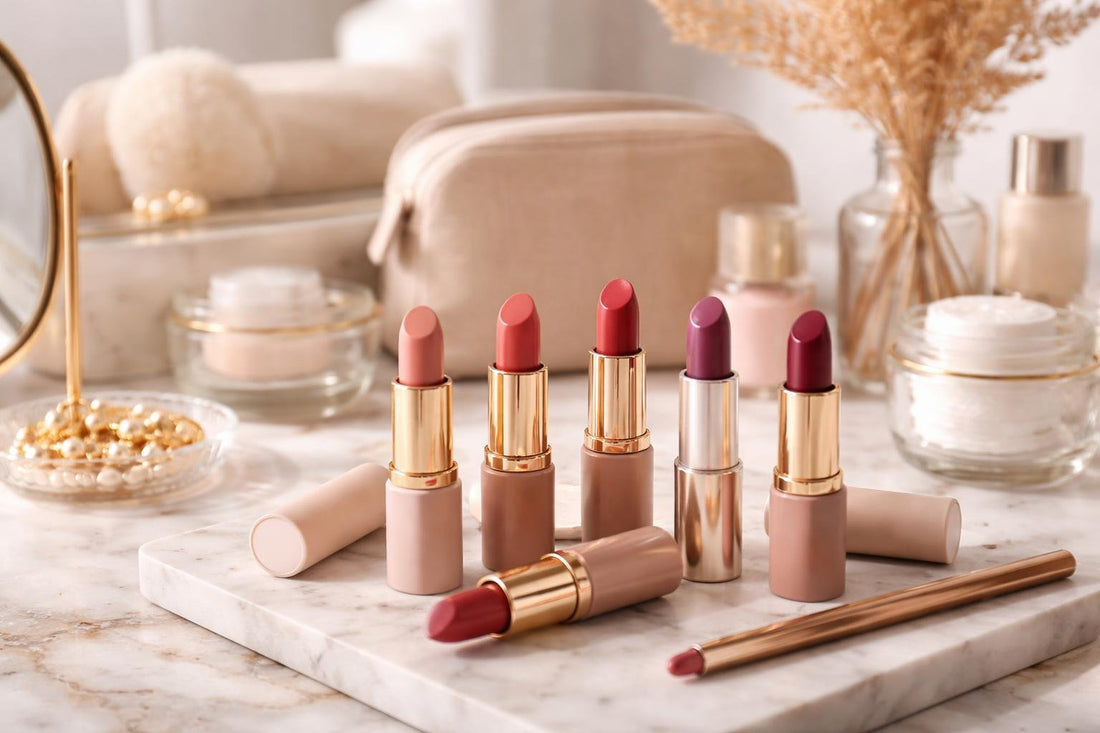 Beginner lipstick shades and finishes laid out on vanity