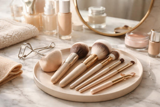 Beginner makeup brushes and tools laid out on vanity