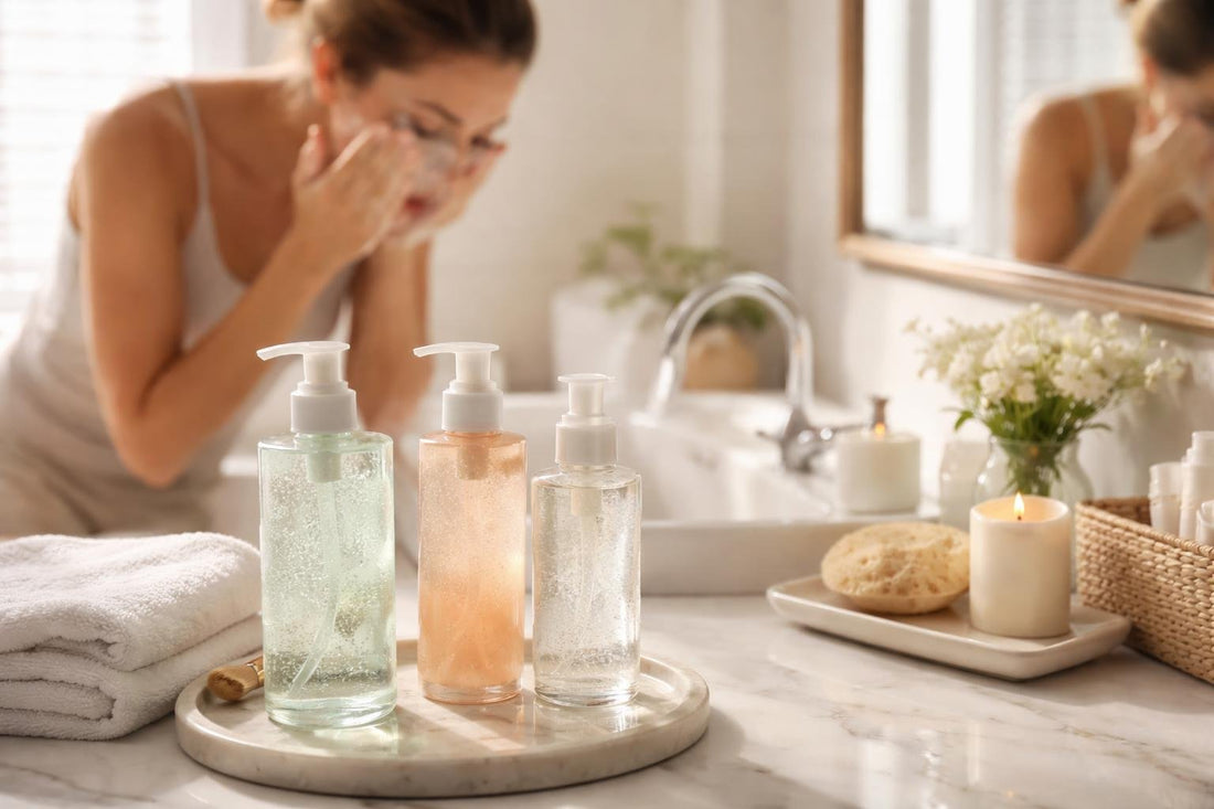 Beginner using a makeup cleansing gel at the sink