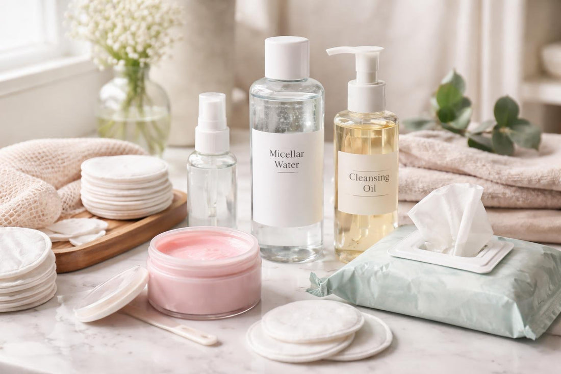 Beginner-friendly makeup remover essentials on a bathroom counter