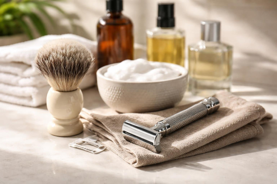 Beginner using a men’s safety razor with shaving brush