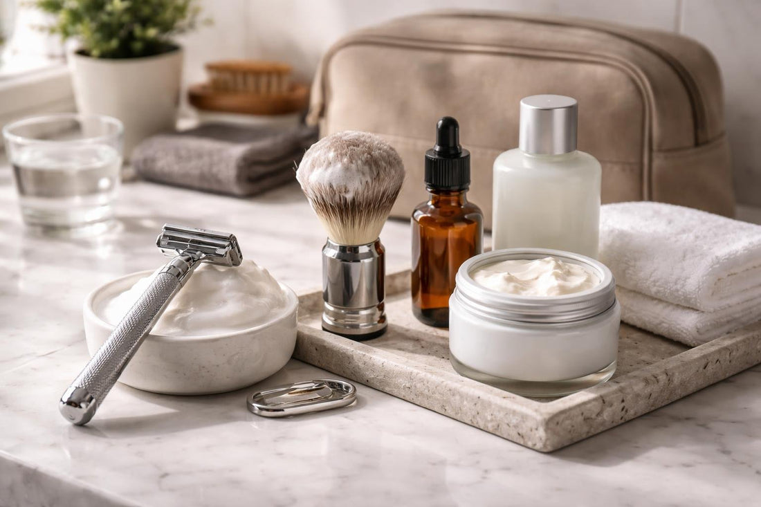 Beginner men’s shaving accessories laid out for smooth shave