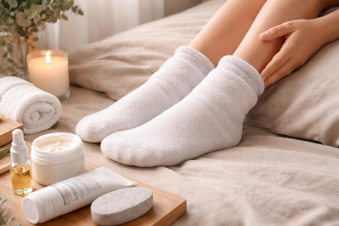 Beginner using intensive moisturizing socks overnight at home