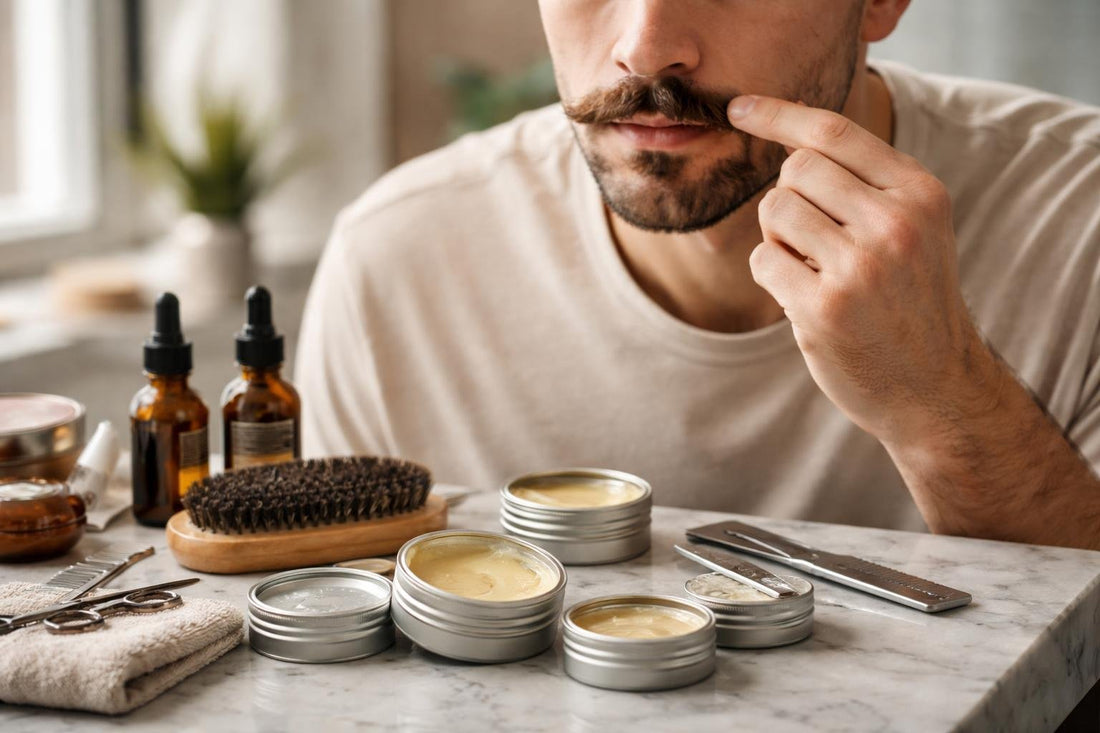 Beginner applying mustache wax for strong hold styling