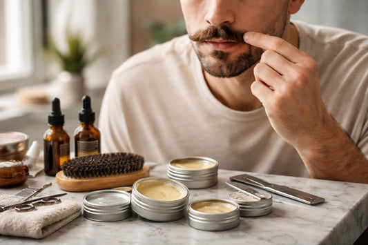 Beginner applying mustache wax for strong hold styling