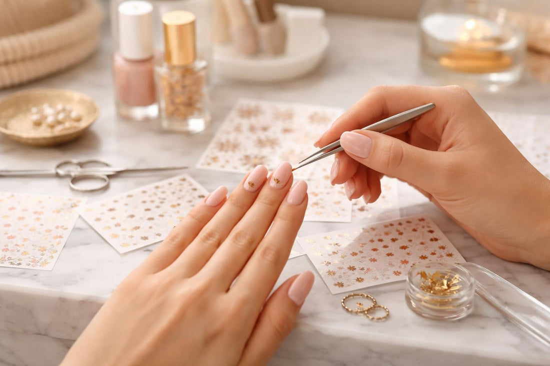 Beginner applying nail art stickers on nude manicure