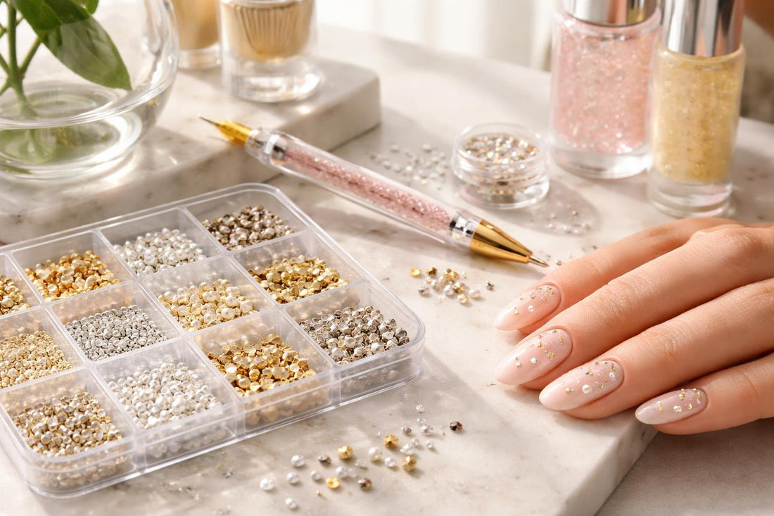 Beginner nail art studs arranged on neutral manicure