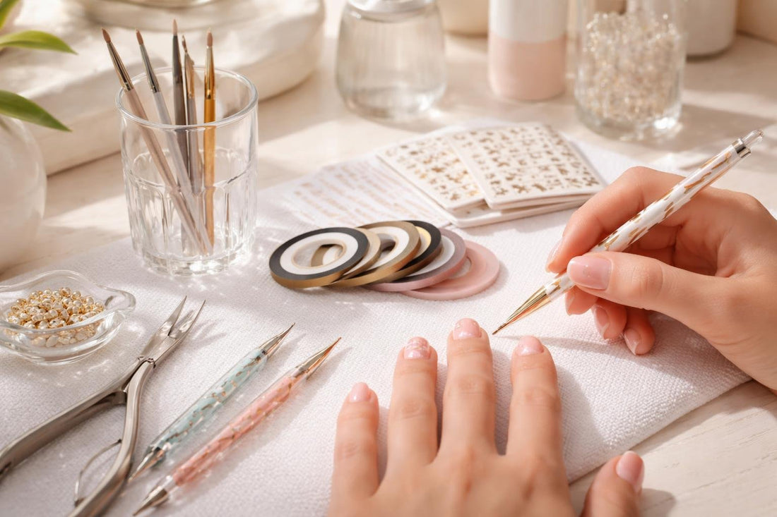 Beginner using dotting tool and striping tape on nails