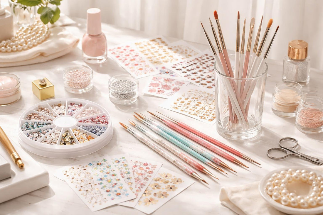 Beginner nail art tools with stickers, brushes, and gems