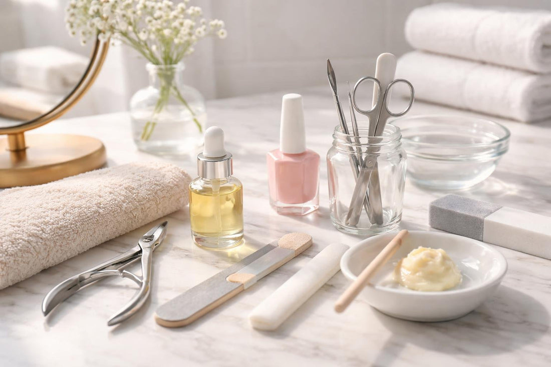 Beginner nail care essentials tools on clean bathroom counter