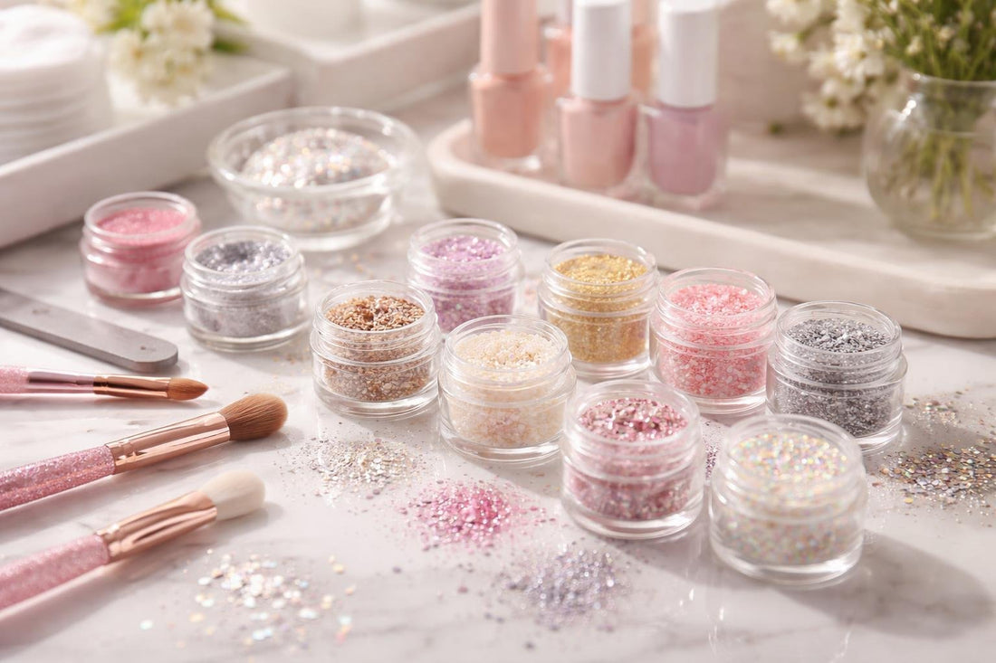 Beginner-friendly nail art glitters in assorted finishes