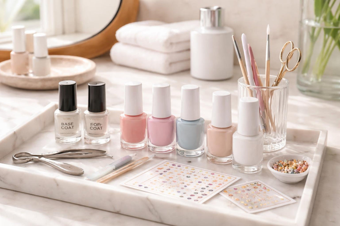 Beginner nail polish tools, base coat, top coat, decals