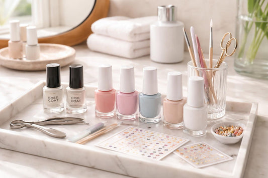 Beginner nail polish tools, base coat, top coat, decals