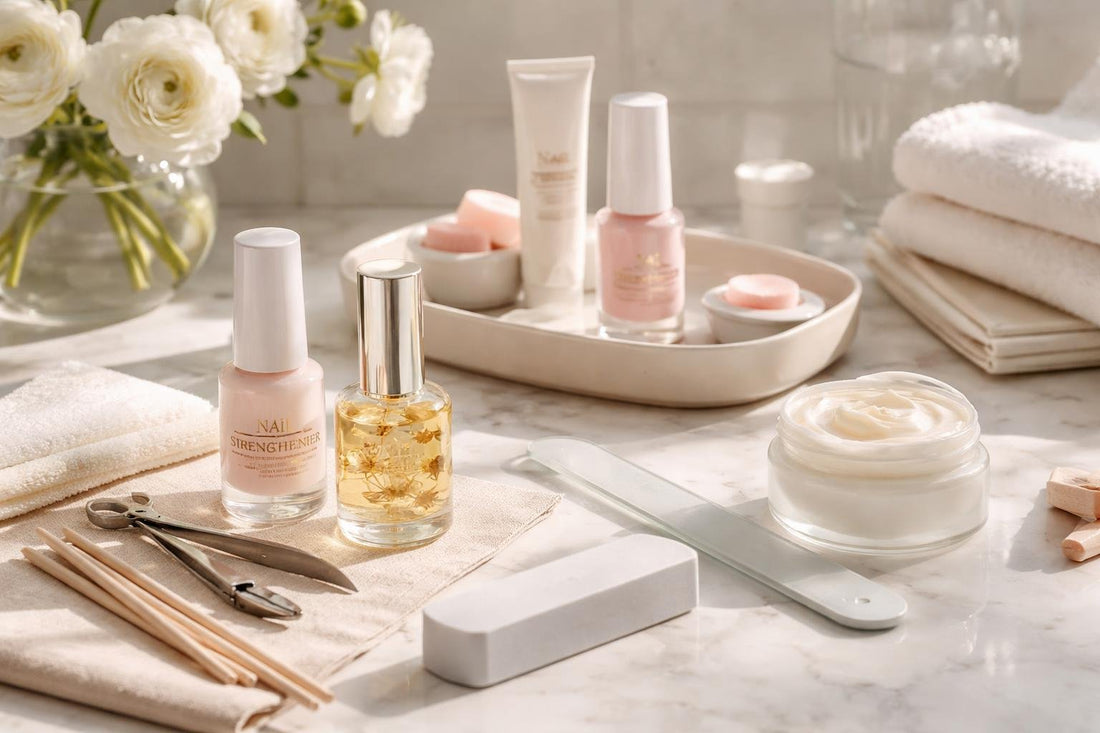 Beginner nail strengthening essentials laid out for home manicure