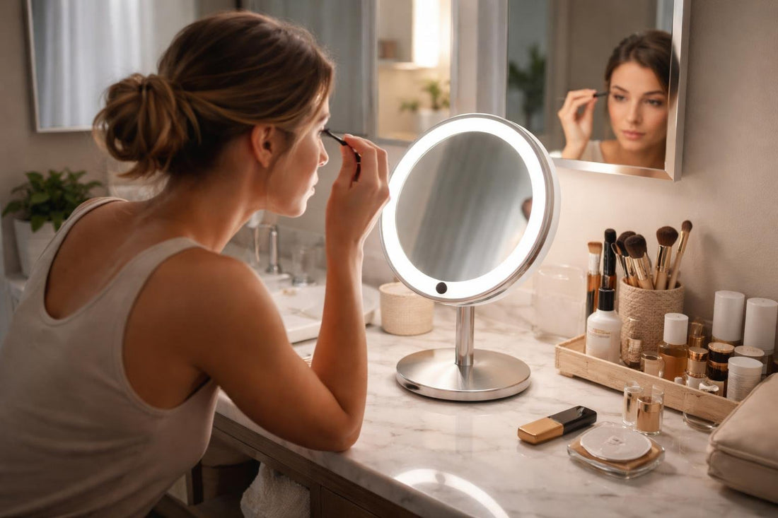 Beginner using lighted personal makeup mirror in small bathroom