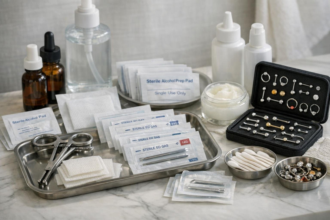 Beginner body piercing starter kit with sterile supplies