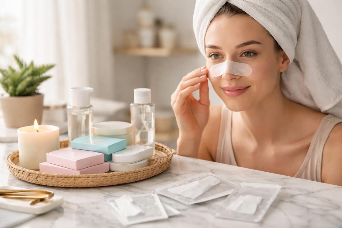 Beginner using pore cleansing strip on nose at home