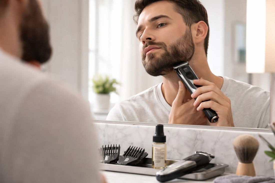 Beginner shaping beard neckline with a precision trimmer