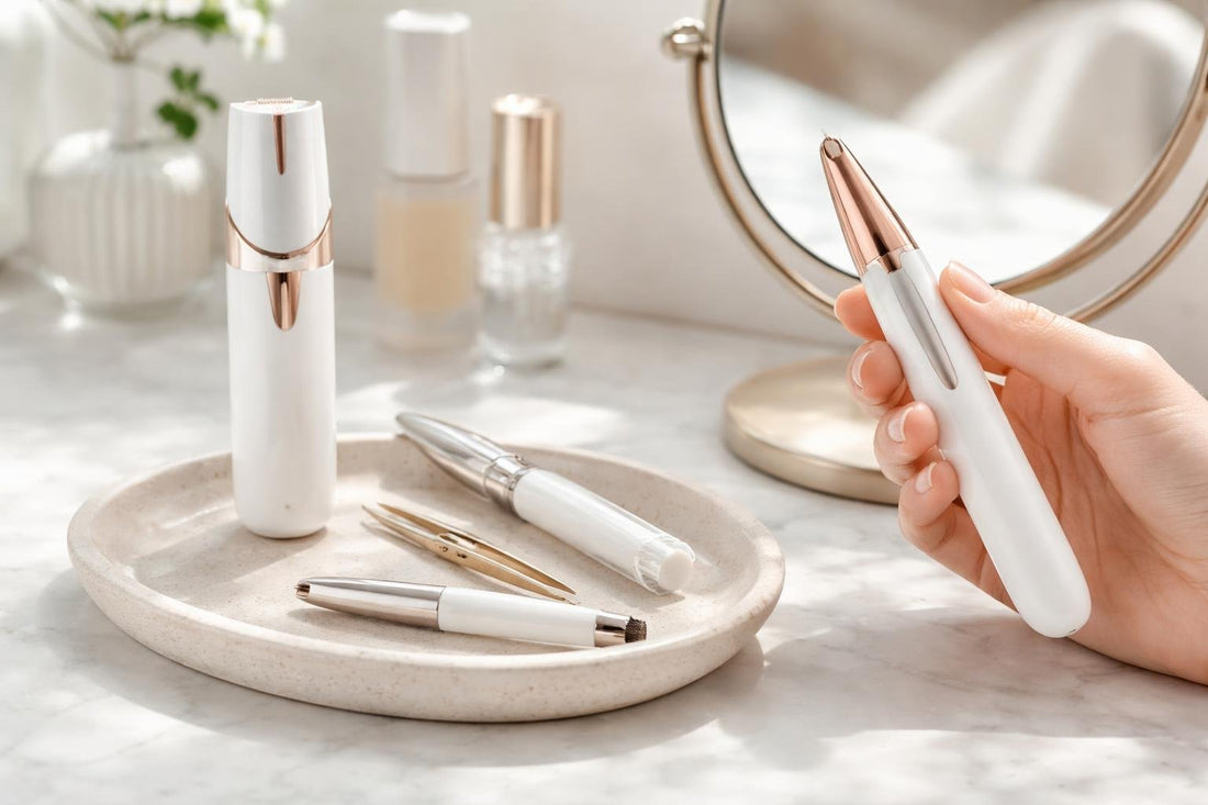 Beginner using precision eyebrow hair trimmer for clean shaping