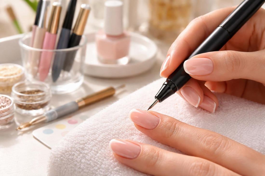Beginner using precision nail art pen for fine lines