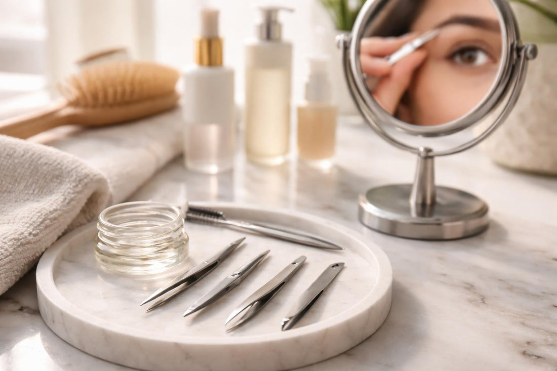 Beginner using precision tweezers for clean brow plucking