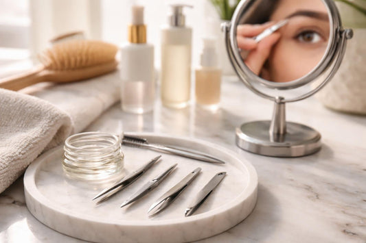 Beginner using precision tweezers for clean brow plucking