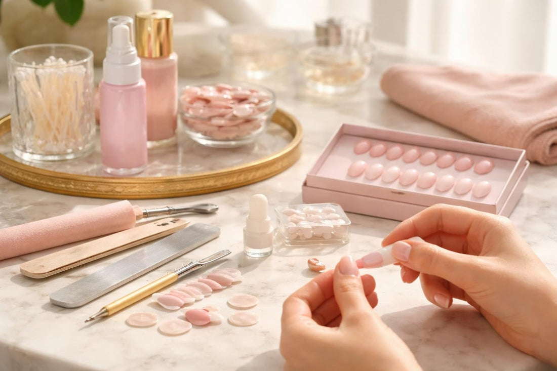 Beginner applying press-on false nails with accessories at home