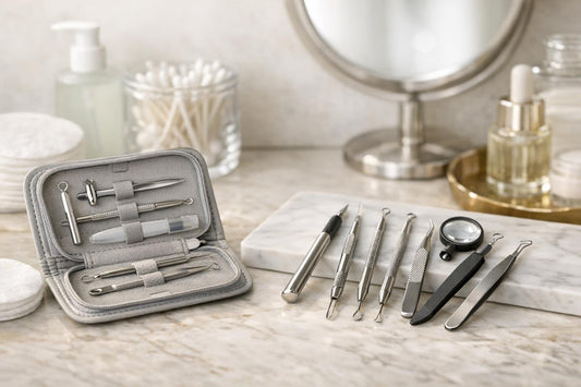 Beginner and pro blackhead extraction tools laid out neatly