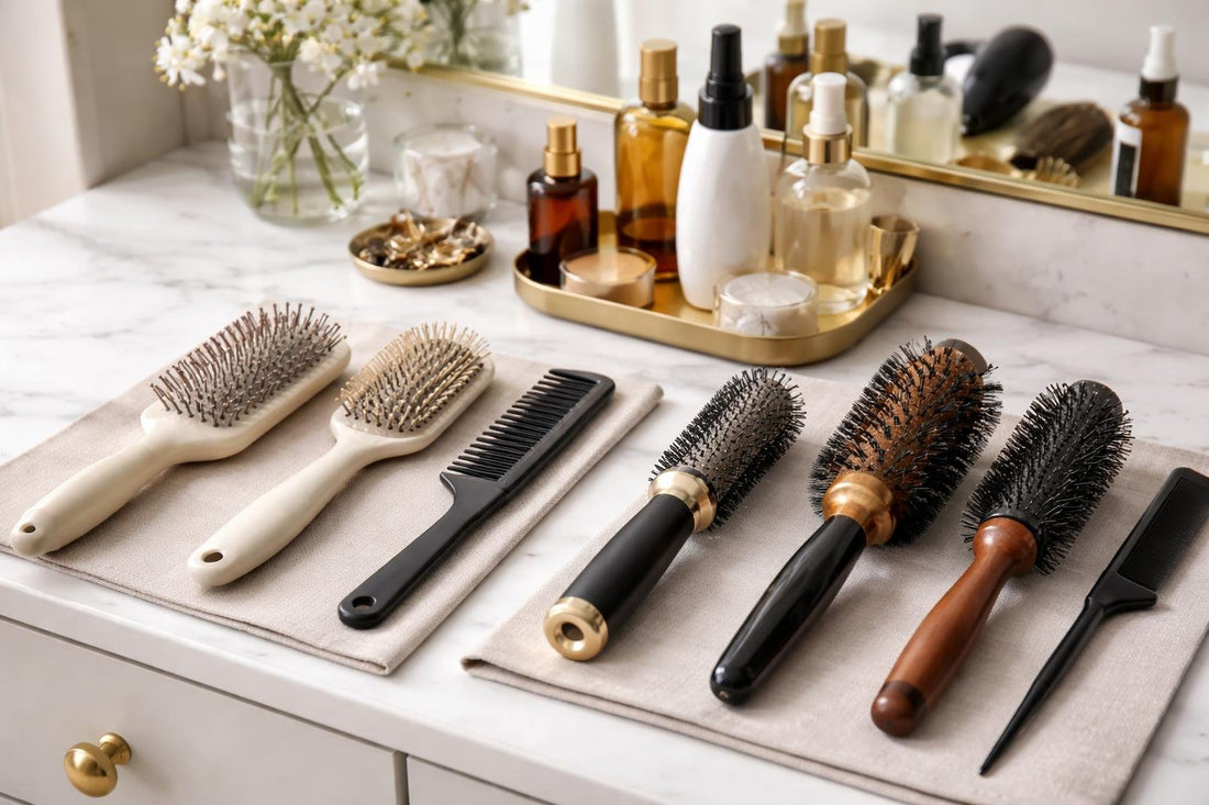 Beginner and pro hair brushes on a styling station