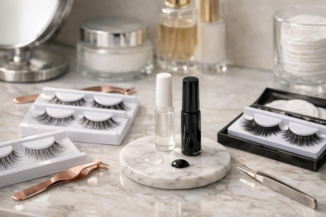Beginner and pro false eyelashes with clear and black adhesive